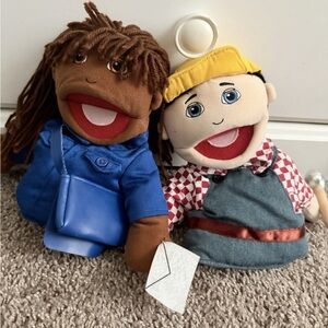 Hand Puppet Set with Blue Outfit, Checkered Outfit, and Yellow Hat